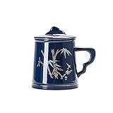 GGHO Kaffeetassen Klassischer chinesischer Stil Teetasse 3 Stück Set, 38 0ML Keramische Kaffeetasse und Untertasse mit Filter, Multifunktionsgetränkbecher -Blue Kaffeebecher (Color : Plant)