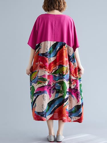 Image of Women's Oversized Dress Plus Size Summer Dress Artsy Print Pathwork | Loose, Oversized Cut Baggy Dresses. O Neck with Pockets. Breathable Viscose Fabric for Summer. Colorful Print Patchwork