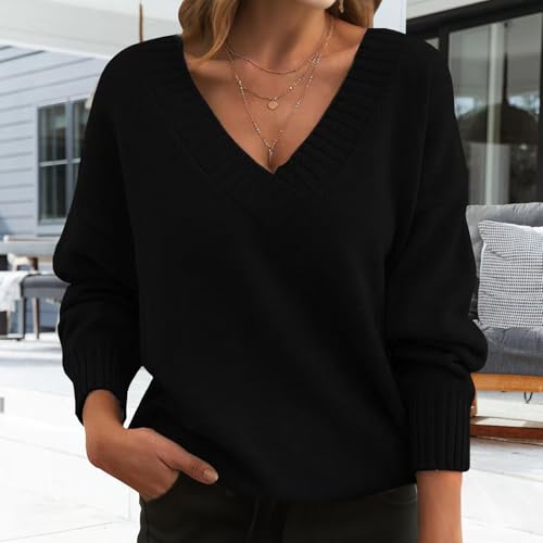 V Neck Long Sleeve Sweater for Women Autumn Baggy Solid Color Pullover Oversized Chunky Knit Pullover Sweater2
