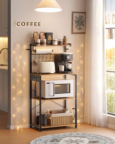 Image of VASAGLE BARNET Collection - Kitchen Bakers Rack with Power Outlet, 23.6-Inch Wide Coffee Bar 4-Tier with 8 S Hooks, Modern Microwave Stand, Adjustable Shelf, Rustic Brown and Ink Black UKKS014K01V1