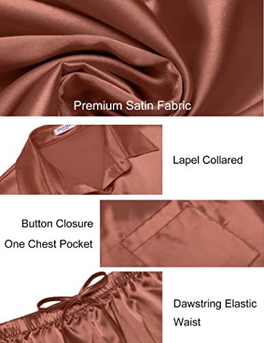 Ekouaer Pajama Sets Womens Satin Short Sleeve Pjs Silk Loungewear With Buttons Comfy Drawstring Shorts Lounge Set Brown,M #TOP4
