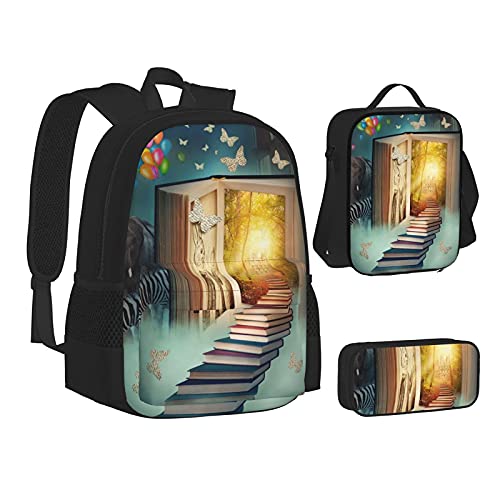 Magic Book Forest Print Rugzak Voor Jongens Tieners Boekentas Reizen Dagrugzak, Lunch Tas En Potlood Case Combinatie - Afbeelding 3