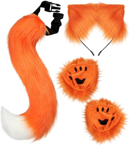 Cat Ears and Tail Wolf Fox Ears Long Tail and Bell Lace Choker Set for Halloween Animal Cosplay Party Costume (Orange)