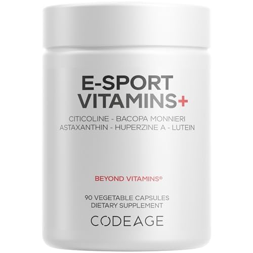 Codeage E-Sport Vitamins+ Citicoline Cognizin, Bacopa Monnieri Supplement, Multivitamins, Astaxanthin, L-Theanine, Ginkgo Biloba, Acetyl-L-Tyrosine, Huperzine A, Lutein, Esport Gaming – 90 Capsules
