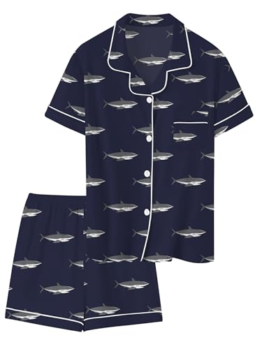 SANGTREE Boys Girls Pajamas Set 2 Piece Soft Short Sleeve Sleepwear Button-Down Kids Nightwear, 5-14 Years