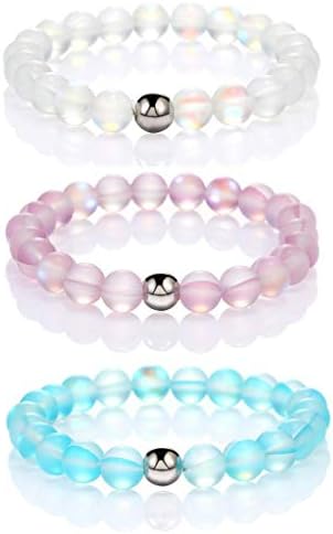 The Woo's 3 Pcs Round Mystic Mermaid Glass Beaded Stretch Bracelet Handmade 8mm Matte Beads Elastic Bracelet Wristband with Love Charm Beaded Valentines Bracelet for Women Girl Jewelry