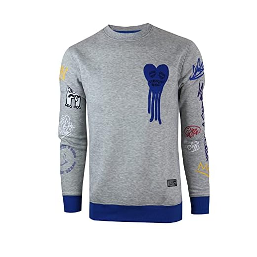 SCREENSHOT-F1155 Mens Urban Hip Hop Premium Fleece - Graffiti Sleeves Cartoon Dripping Heart Crew Neck Streetwear Sweatshirt-H.Grey-Medium