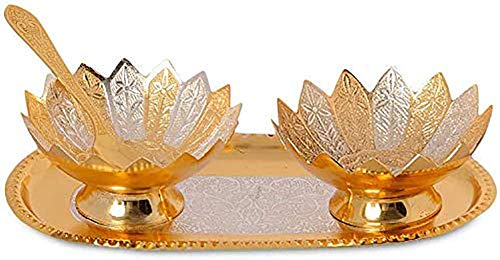 JR Handicrafts World Silver Bowl Gift Set (4.7 x 8.8 x 2.36 inch, Silver Gold), 100 Ml