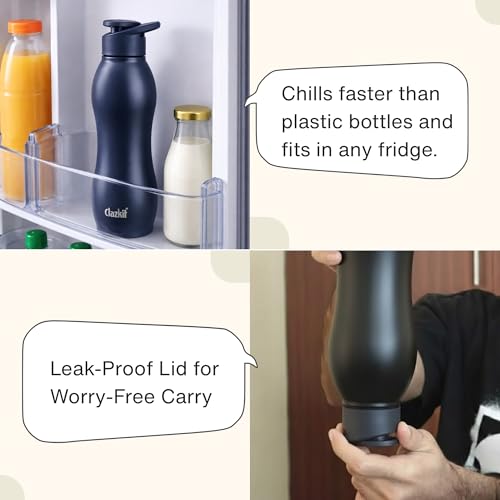 Image of Clazkit Platina Stainless Steel Black Matte Finish Water Bottle Set of 2 |ISI Certified | Leakproof, Rust-Free, BPA-Free, Durable for Fridge, Sports, Gym, Yoga & Office-Easy to Clean & Reusable-1000ml