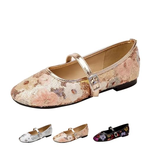 Women's Sparkly Floral Mary Jane Shoes - Soft Sole, Non-Slip Y2K Glitter Buckle Flats for Dresses and Jeans