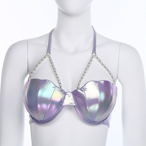 Women's Metallic Bathing Suit Bikini Tops Slight Padded Shiny Shell Bra Pearl Chains Bra3
