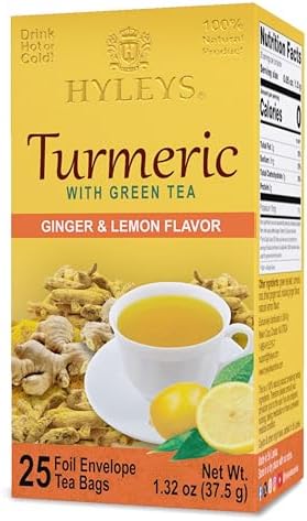 HYLEYS Turmeric Green Tea with Ginger and Lemon, Kosher, 25 Tea Bags
