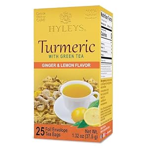 HYLEYS Turmeric Green Tea with Ginger and Lemon, Kosher, 25 Tea Bags