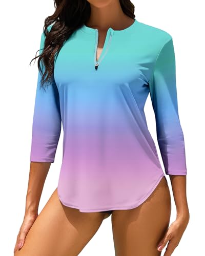 WOWENY Haut de Maillot de Bain Tee Shirt Anti UV Femme Rashguard Manches 3/4 avec Fermeture Éclair 1/4 UPF 50+ Séchage Rapide pour Sports Nautiques Surf Plage