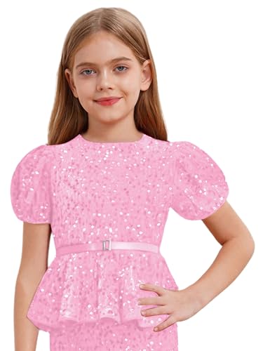 Choomomo Velvet Blouses for Girls Dressy Casual Short Sleeve Peplum Tops Sparkly Glitter Belted Shirts3