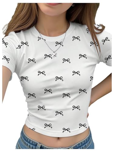 SHENHE Girl's Graphic Tee Y2k Bow Shirt Crewneck Short Sleeve Aesthetic Slim Fit Crop Top