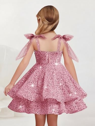 Sequined Girl Dress Tiered Sparkling Bow Strap Short Birthday Wedding Pageant Formal Mini Dress2
