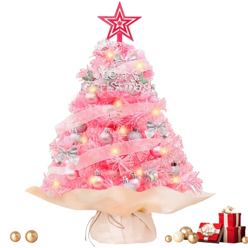 PATYDEST Mini Pink Christmas Tree 2FT Prelit Christmas Trees Pencil Artificial Christmas Tree Small Christmas Tree with Lights Tiny Xmas Tree for Desk Home Office Pink Christmas Decoration