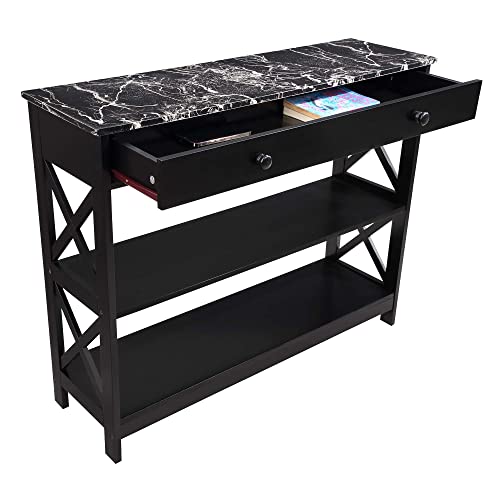 Image of Convenience Concepts Oxford 1 Drawer Console Table with Shelves, Black Faux Marble /Black