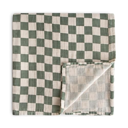 Image of mushie Muslin Baby Swaddle Blanket | 100% Organic Cotton (Olive Check)