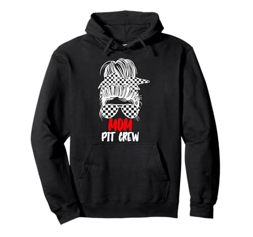 Mom Pit Crew Desordenado Bun Bandera de Pista de Carreras de Coches Sudadera con Capucha