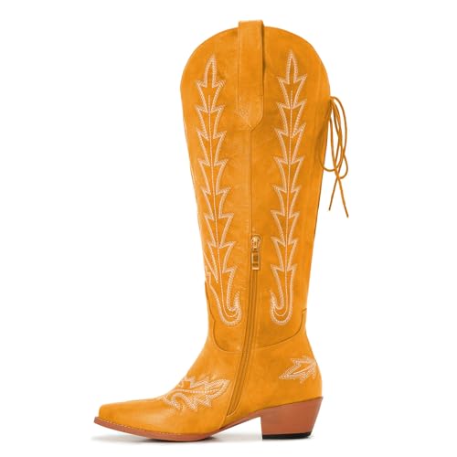 Image of Uillnoodu Wide Calf Cowboy Boots Women Knee High Tall Western Cowgirl Boots Adjustable Lace Up Plus Size Comfortable 2-Inch Heel