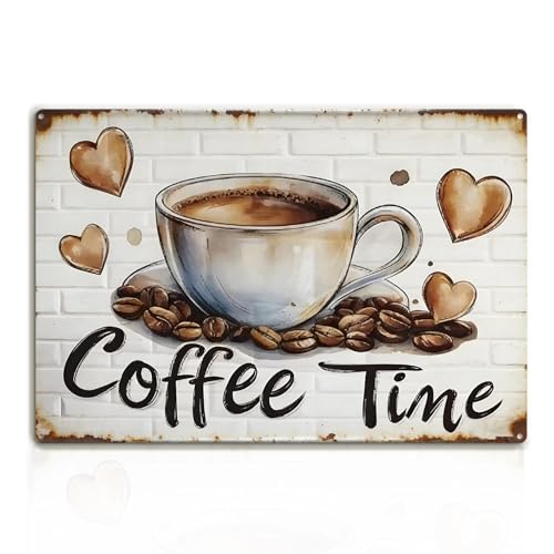 Vintage Cafe Metal Sign - Coffee Time Cup Wall Art Decoration Iron Tin Decor for Coffee Kitchen Home Living Room Restaurant Bathroom Wall Art Decor 12 X 8 Inch