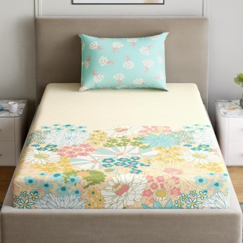 Image of Home Ecstasy 100% Cotton Single Bedsheet with 1 Pillow Cover - (Size 59 x 87 inches, 140 TC, Colour - Mint)