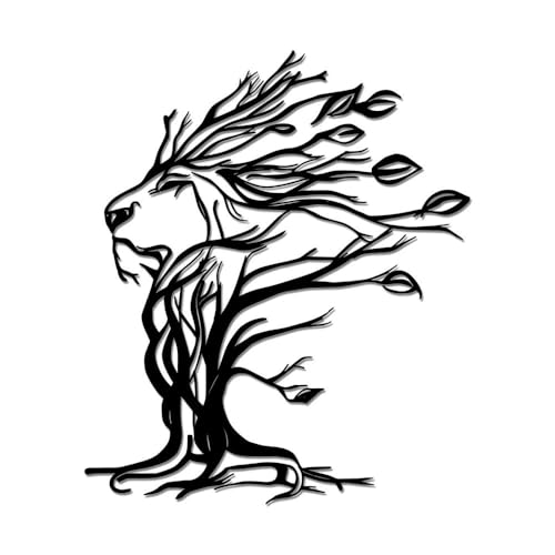WPCJREU Black Metal Lion Wall Art, Modern Style Tree of Life Wall Sculpture, Lion Head Wall Art, Indoor and Outdoor Wall Decor for Farmhouse Decoration