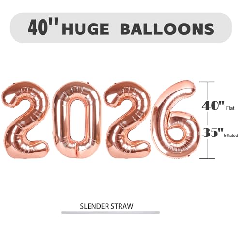 Image of 2026 Balloon 40 inch Rose Gold Number Balloons for 2026 Party Decorations | Saturated Color, Large 40 in, With Straw & Hanging Hole, For Back-to-School Season, Wedding, Christmas, New Year, Anniversary