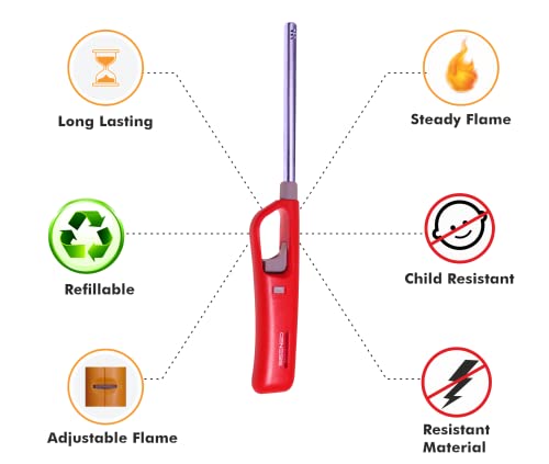 Image of Genesis Refillable Windproof Gas Flame Lighter Long Reach Utility Lighters for Kitchen, Stove, BBQ, Candles, Camping Indoor Outdoor Use, Refillable Gas Safety Lighter (Orange, Red) (Pack of 2)