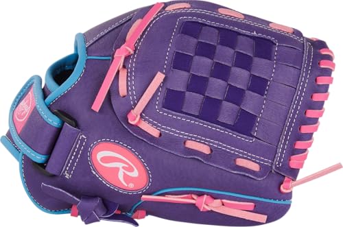 Image of Rawlings | Sure Catch Youth Series Softball Glove | 11 inch | Left Hand Throw | Purple /Columbia Blue /Pink