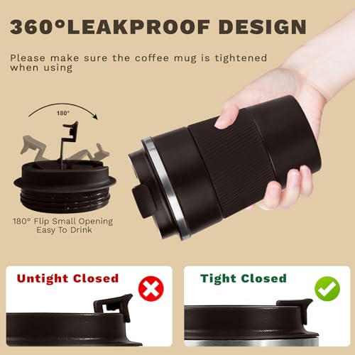 Image of Vacuum Insulated Stainless Steel Travel Coffee Mug,Leak Proof Cup with Lid | 304 stainless steel mug with vacuum insulation, leak proof lid, silicone grip and car cup holder friendly design