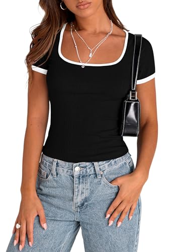 PRETTYGARDEN Women's Summer Short Sleeve T Shirts Ribbed Knit Square Neck Color Block Slim Fit Basic Casual Crop Tops Blouses