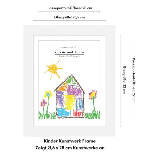 Americanflat A4 Bilderrahmen für Kinderzeichnungen - Weiß - Verbundholz mit Bruchsicherem Glas - Horizontale & Vertikale Versionen