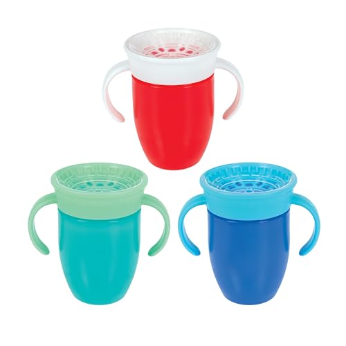 Image of Nuby 360° Wonder Cup, Spill-Proof Transition Cup, Sip from All Sides, Spoutless Design, Leak-Resistant with TOUCH-FLO Silicone Rim, Easy Grip for Little Hands, BPA Free, 6+ Months, Green/Red/Blue