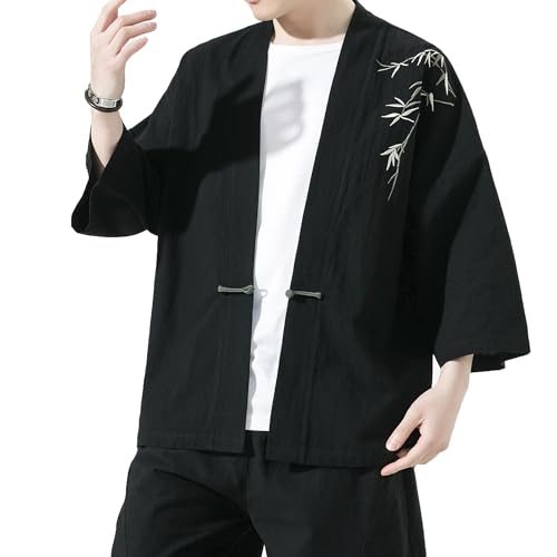 Image of Mens Kimono Cardigan Cotton Linen Japanese Shirt 3 /4 Sleeve Haori Yukata | Skin-Friendly Solid Color Lightweight Shawl Collar Kimono Robe Embroidery Button Tie Pockets Happi Coat All Season Daily Wear