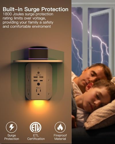 Mifaso Outlet Extender with Shelf and Night Light, 1800J Surge Protector