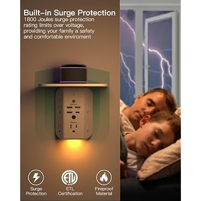 Wall Outlet Extender with Shelf and Night Light, Surge Protector, Wall Mount Charger Multi Plug Expander with 5 AC Outlets and 3 USB A Ports 1 USB C, Wide Space 3-Sided Power Strip Multi Plug Outlets