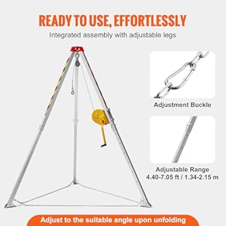 VEVOR Confined Space Tripod Kit, 1800 lbs Winch, Confined Space Tripod 7' Legs and 98' Cable, Confined Space Rescue Tripod 32.8' Fall Protection, Harness, Storage Bag for Traditional Confined Spaces