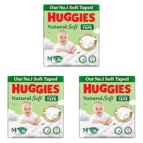 Image of Huggies Natural Soft Premium Tape Diapers Medium (M) Size, 7-12 kgs,26 Count | Our No.1 Soft Taped Diaper with Cloud Soft Bed and Runny Poo Absorption (Pack of 3)
