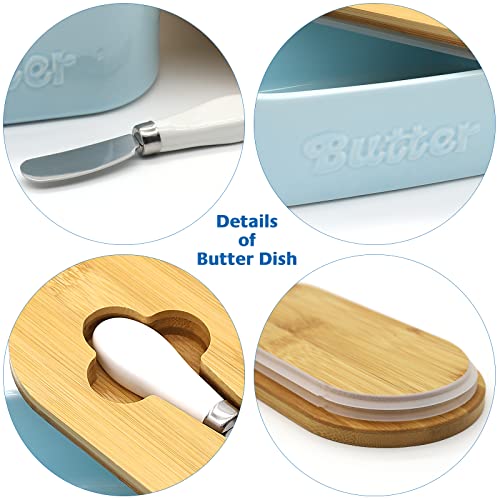 Mbr Force Large Butter Dish With Lid For Countertop Ceramics Butter Keeper Container With Knife High-Quality Double Silicone For Kitchen, Farmhouse,Fridge, Gift Oval Blue #TOP6