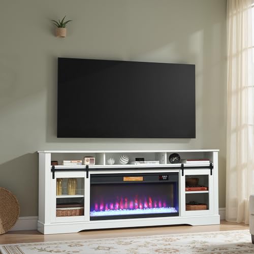 HOMCOM Fireplace TV Stand for TVs Up to 80 Inches, Modern Entertainment Center with 36" Glass Electric Fireplace & LED Lights, TV Console with Open Storage and Side Cabinets for Living Room, White - Image 9