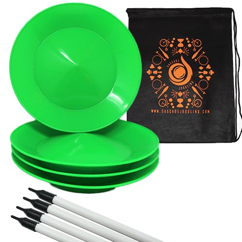 Cascade Juggling Set of 4 Spinning Plates and Sticks - Flexi Kid's Plate Spinning Set - Includes Cascade Carry Bag (Green)