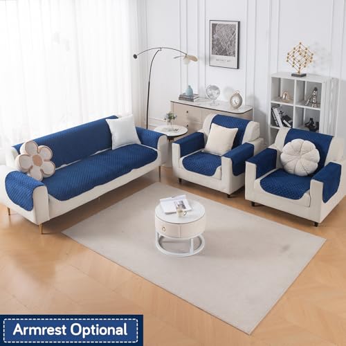 Image of HOKIPO Quilted Sofa Cover 5 Seater Set - Washable 3+1+1 Sofa Cover for Seat & Back | 'Quilt Classic' Navy Blue (IN-927 * 2+925 * 4-NBL)