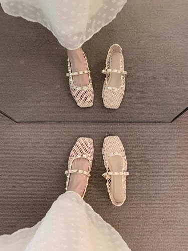 Fishnet Mary Jane Ballet Flats for Women Square Toe Studs Hollow Out Breathable Mesh Soft Sole Shoes Elegant Office Date4
