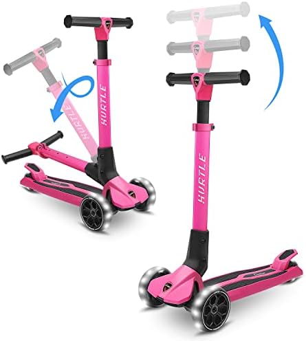 Hurtle 3 Wheeled Scooter for Kids - Foldable Stand Child Toddlers Toy Kick Scooters w/Built-in LED Wheel Lights, Anti-Slip Wide Deck, Adjustable Height, Great for Outdoor Fun -, Pink