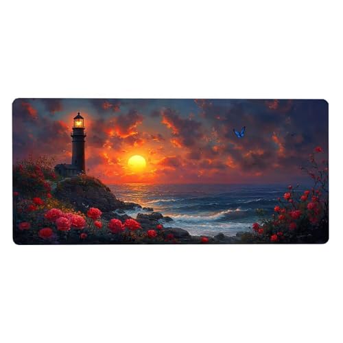 Leuchtturm Podkładka pod mysz XXL, duża, 600 x 300 x 3 mm, zachód słońca, podkładka na biurko, wodoodporna, antypoślizgowa podkładka pod mysz, ze zszytymi krawędziami, specjalna powierzchnia, do
