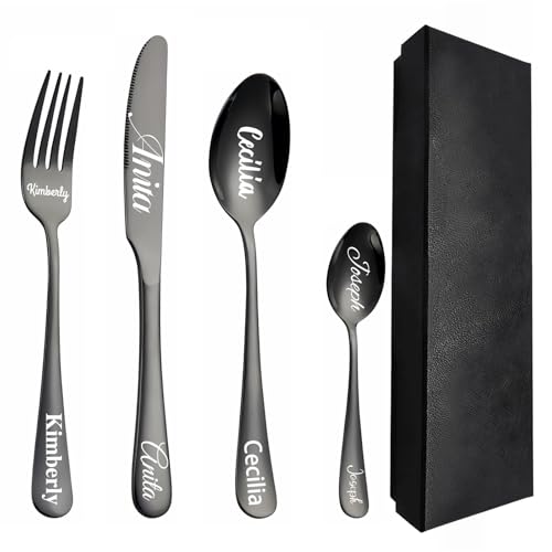 Kundenspezifisches graviertes Besteck-Set, 1 Set von 4 Stück, personalisiertes Besteck für Erwachsene, Gabel, Messer, Löffel und Teelöffel...