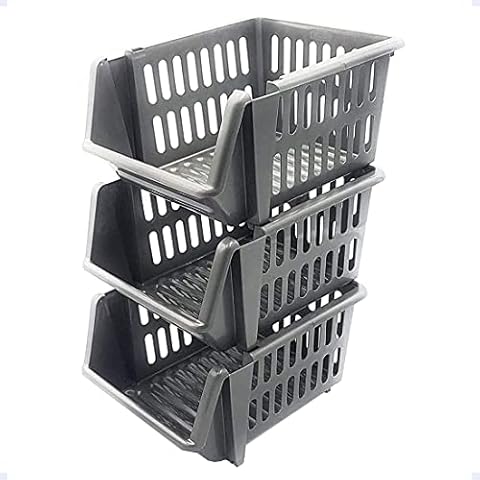 St@llion Set of 3 Small Silver Plastic Stackable Basket Multi-Purpose Storage Kitchen Shelves Veg Rack Fruit Storage Stand Stacking Shelves Stationary Basket (Pack of 1) Cover